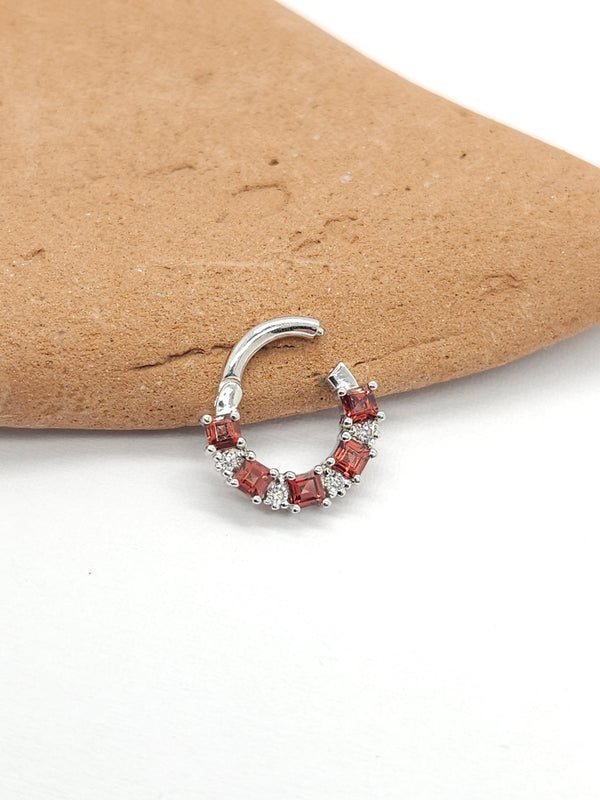 Princess Garnet White Diamonds Hoop Earring 14k White Gold